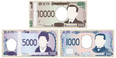 Japon parası. 10,000 yen, 5,000 yen ve 1,000 yen 'lik renkli banknotlar.