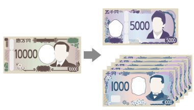 Illustration of exchanging 10,000 yen to 5,000 yen and 1,000 yen. clipart