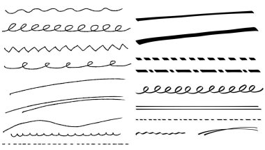 Tasarım aksanları için çeşitli el yapımı çizgiler. Dalgalı çizgiler, noktalı çizgiler ve işaret çizgileri gibi basit ve şık dekoratif malzemeler.