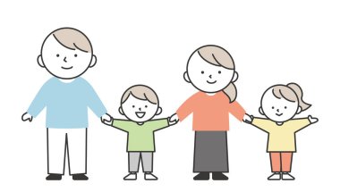 Gülümseyen Aile Elele tutuşuyor. Oğlu ve Kızıyla Ebeveynlerin Sevimli ve Basit Çizimi