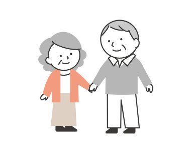 Gülümseyen, el ele tutuşan ve birbirlerine bakan yaşlı bir çiftin resmi. Basit ve sevimli yaşlı bir çift dışarı çıkıyor..