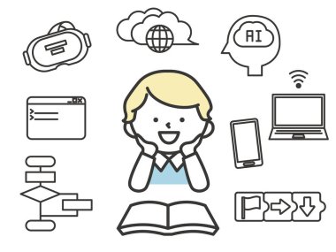 Çocuk Öğrenme Programı ve Yapay Zeka. Şirin ve Gelecek Teknolojisi Eğitim İllüstrasyonu