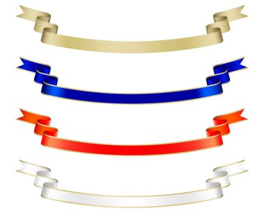 Altın kenarlı uzun, lüks unvan kurdeleleri koleksiyonu. Altın, mavi, kırmızı ve beyaz kıvrımlı pankartlar.