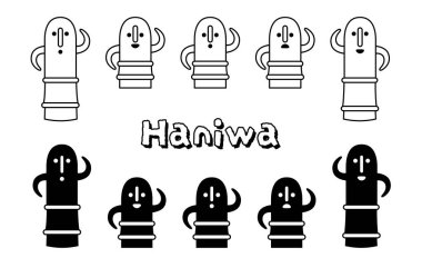 Şirin bir Haniwa 'nın monokrom çizimi. Kofun döneminden motifli basit ve dostane bir vektör görüntüsü.