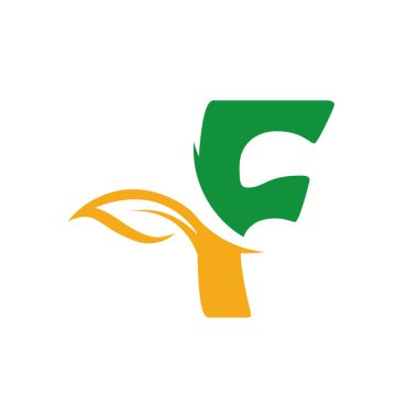 F harfi bitki logosu tasarımı vektör çizimi beyaz arkaplan