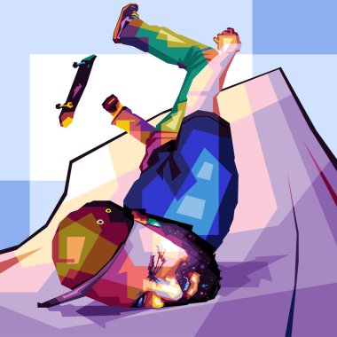 Kaykay wpap vektörü popart renkli çizim tasarımından soyut arkaplan ile düşmek