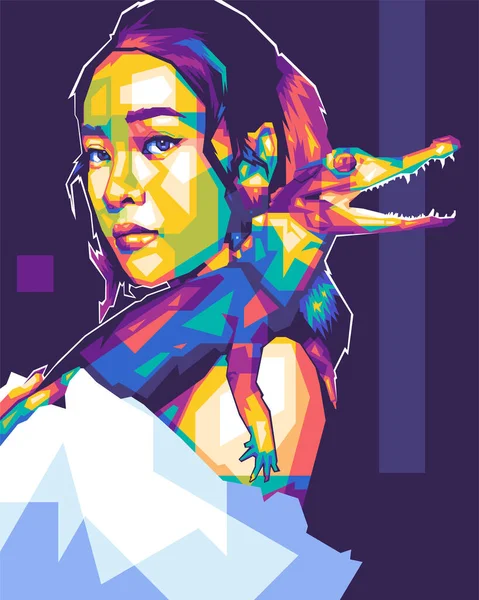 带着小鳄鱼Wpap矢量的女人在抽象背景下的彩色插图设计 — 图库矢量图片