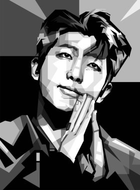 Koyu arkaplanda Kore popart wpap çiziminden siyah beyaz şarkıcı