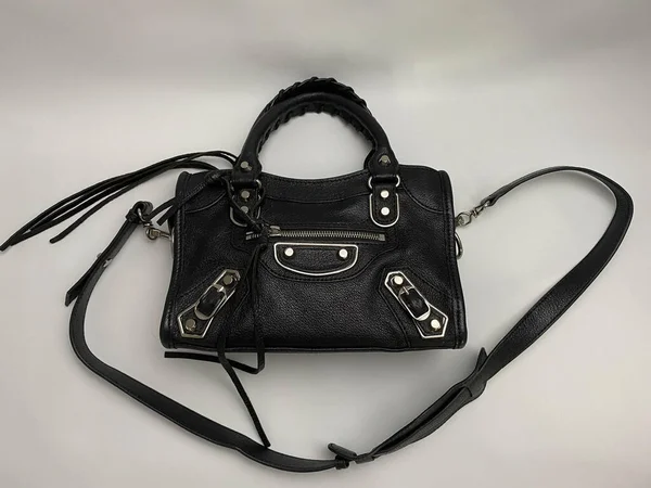 Flat Lay Women Black Leather Bag White Background — Stock Photo, Image