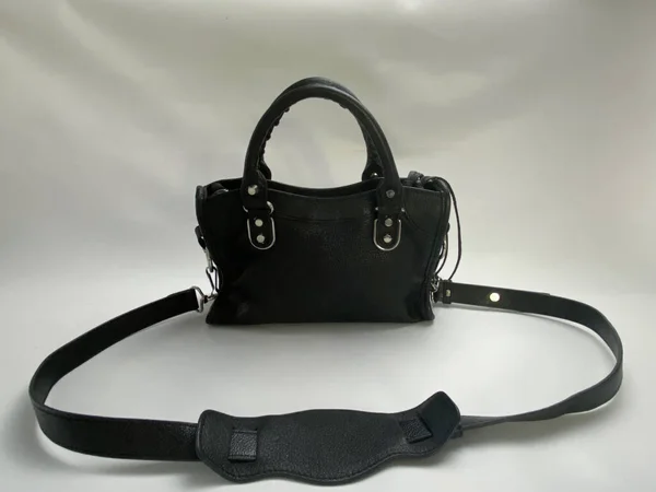 Back View Women Black Leather Bag White Background — Stock Photo, Image