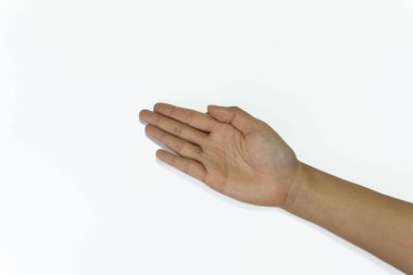 Görünmez bir nesne ya da ürünü tutmak ya da sunmak için tasarlanmış el ve kol hareketleri. El avuç içi görüşünde, açık..