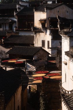 Parlak kırmızı ekinler geleneksel mimari ile çevrili bir Çin köyünde kurutulmak üzere serilirler..