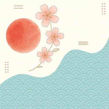 Geleneksel motiflerle kiraz çiçeklerinin, kırmızı dairelerin ve dalga desenlerinin yer aldığı dekoratif bir Japon tarzı çizim. Sanat eseri, dekor ve doğuya özgü tema ve estetik taşıyan projeler için ideal.