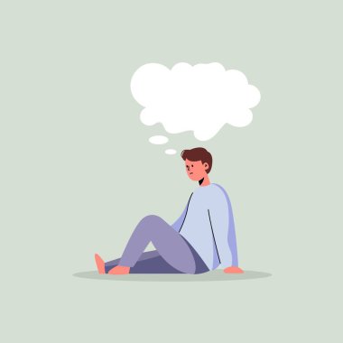 Düşünceli adam Pastel Arkaplanda Bulut köpüğüyle oturuyor