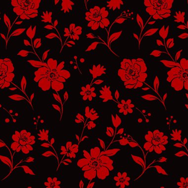 Kusursuz Tek Renkli Çiçek desenli Siyah Arkaplan ve Beyaz Çiçekler