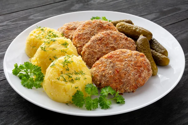 Rice Cabbage Minced Cutlets Potatoes Pickled Cucumber — Stock Photo, Image