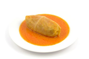 Bir tabak kıyma, pirinç ve lahana.