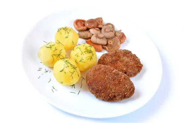 Gehakte Koteletten Met Aardappelen Gemarineerde Champignons — Stockfoto
