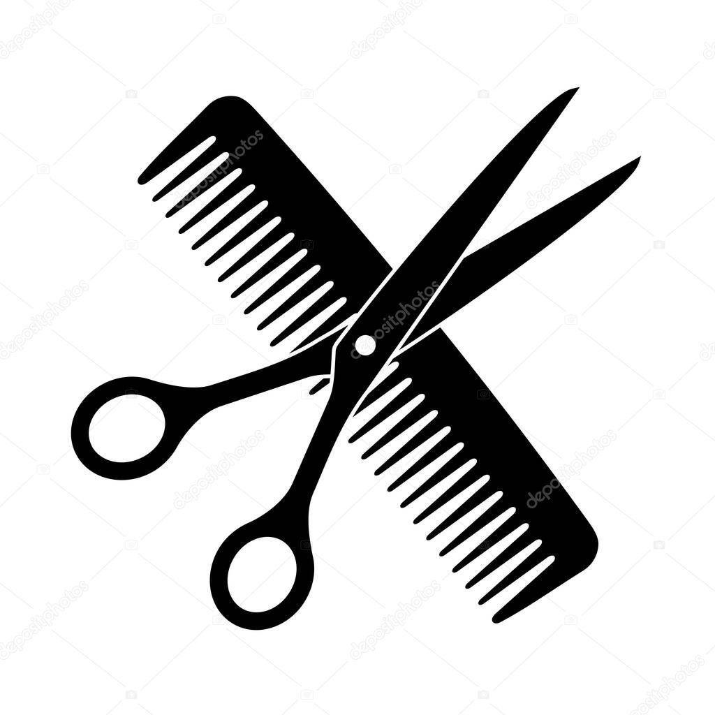 Comb and scissors icon on dairy background