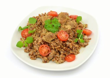 buckwheat with meat on a white background