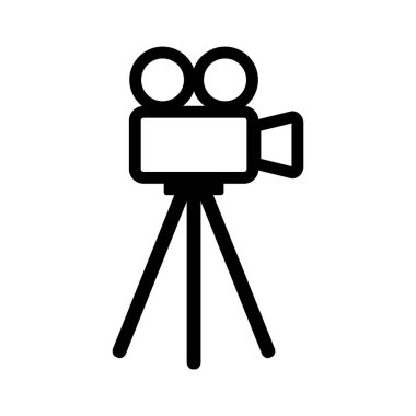 Beyaz arkaplanda bir tripodun üzerindeki kamera simgesi