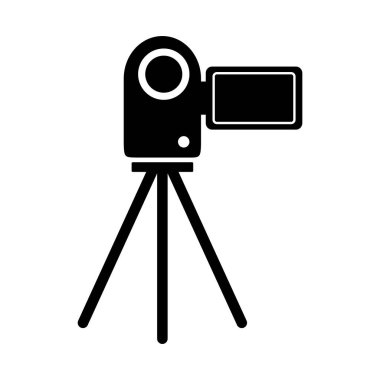 Beyaz arkaplanda bir tripodun üzerindeki kamera simgesi