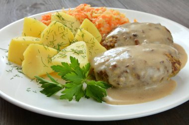 minced cutlets with mushroom sauce, potatoes and salad