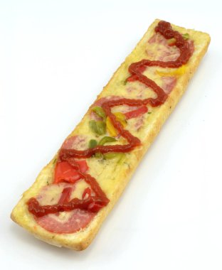 casserole with salami on a white background