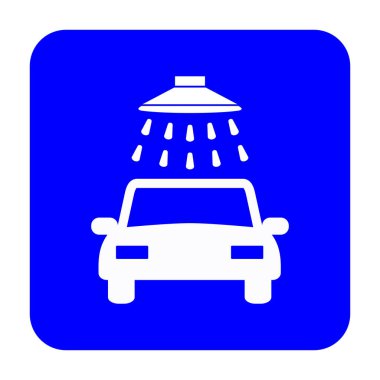 Araba yıkama tabelası. Vektör. Mavi karede beyaz simge. İzole edilmiş.