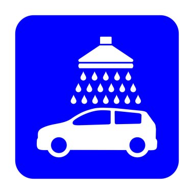Araba yıkama tabelası. Vektör. Mavi karede beyaz simge. İzole edilmiş.