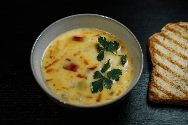 stock image creamy vegetable soup on dark background, rosted toast bread