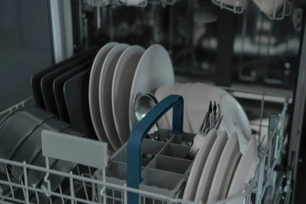Full Dishwashing Machine White Black Gray Plates Day Routine Home — Stock Photo, Image