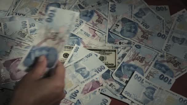 Tellen Stapel Van Turkse Papieren Valuta Lira Ons Dollar — Stockvideo