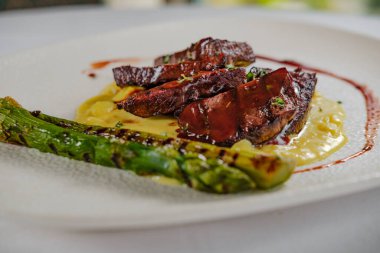 Kırmızı şarap soslu fileto. Patates püresi, soğan, ızgara kuşkonmaz, beyaz tabak ve arka plan.