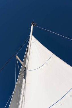Direkte açık yelkenler, yelkenlinin altından manzara, aydınlatma çubukları, arama ışığı, derin mavi gökyüzü.