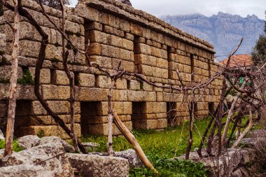 Türkiye 'nin Mugla kentindeki Bafa Gölü' ndeki akropolis taş duvarı turistik alanların dışında, Latmos kasabası herakleia harabeleri