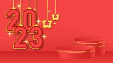 Mutlu yıllar 2023 metin tipografi tasarımı ve ürün gösterimi için podyum