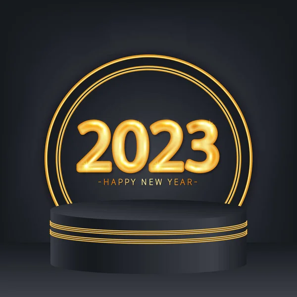 Ευτυχισμένο Νέο Έτος 2023 Σχέδιο Τυπογραφίας Κειμένων Ένα Βάθρο Για — Διανυσματικό Αρχείο