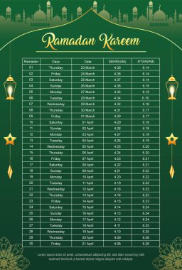 Ramazan iftarı ve Sehri Bangladeş takvim şablonu 2023