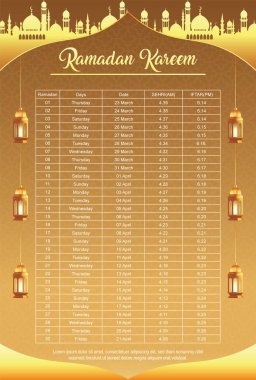 Ramadan iftar and sehri Bangladesh time calendar template 2023 clipart