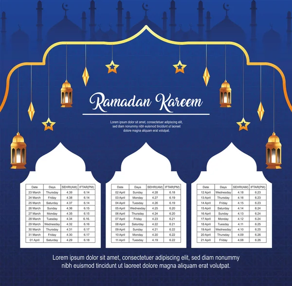 Ramadán Iftar Sehri Bangladéš Čas Kalendář Šablony 2023 — Stockový vektor