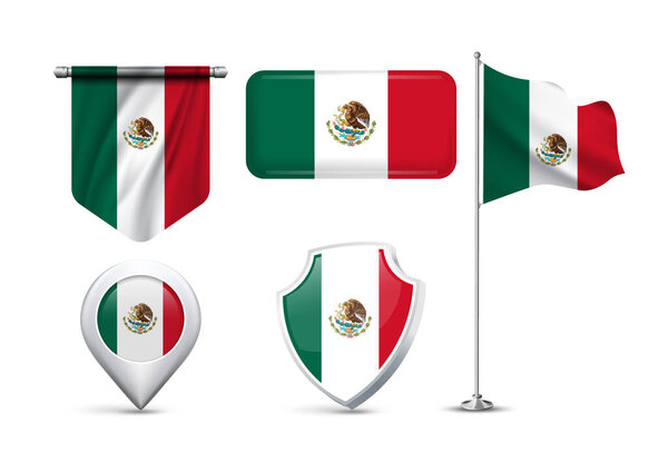 Set of Mexico Flags in Different Shapes and Styles
