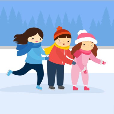 Erkekler ve kızlar buz pateni yapıyor.