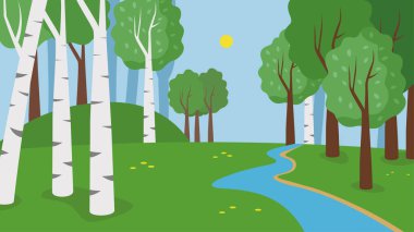 Nehir ve huş ağaçlarıyla orman manzarası