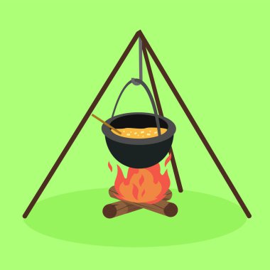 Kamp ateşi olan bir kazanın vektör çizimi