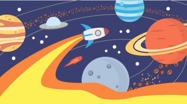 Roket gezegenler arasında uzayda uçuyor.