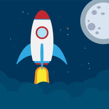 Uzay roketi gece Ay 'ın arka planına karşı havalanır.