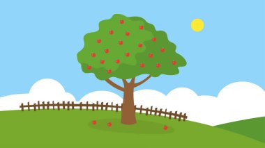 Tarlada yeşil yaprakları olan ağaç. vektör illüstrasyonu