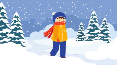 Ormanda kışın sıcacık giyimli bir çocuk.