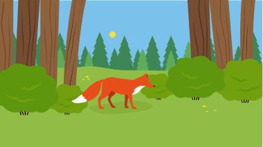 Orman sahnesinde hayvanlar ve ağaçlar vektör illüstrasyon tasarımı